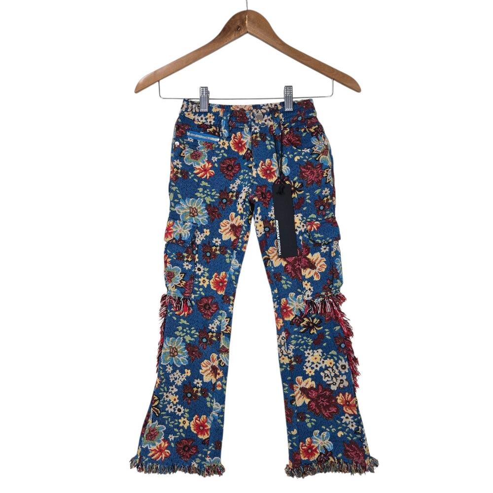 Rockstar Original Finn Tapestry Cargo Pants 5T Blue Floral Fringe Flare NWT